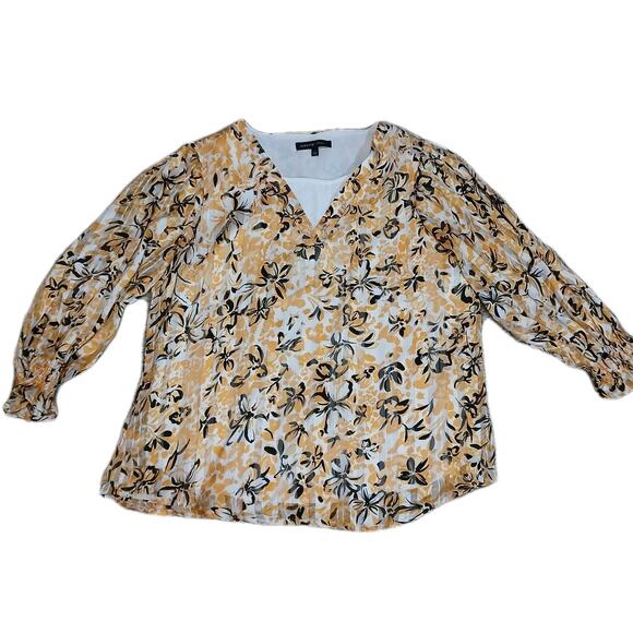 Adrienne Vittadini Floral Blouse L Yellow White Black V-Neck Sheer Long Sleeve - Picture 1 of 8